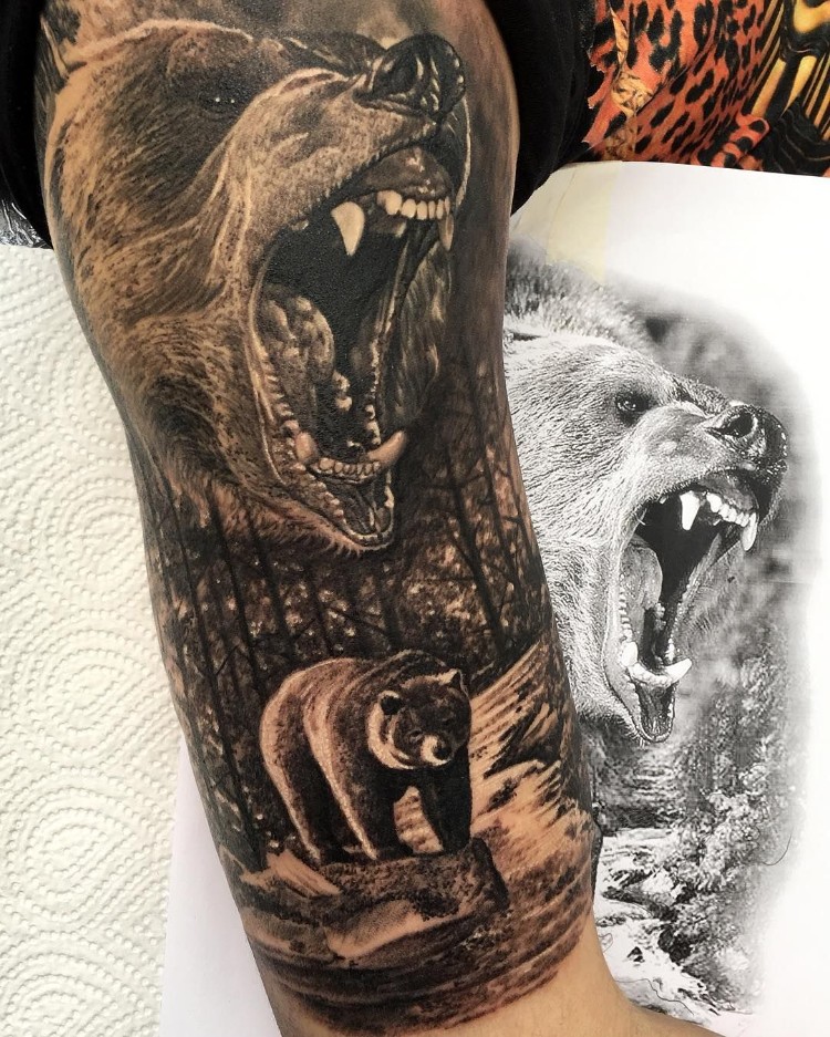tatouage homme bras avant bras modèle bien travaillé motif ourse