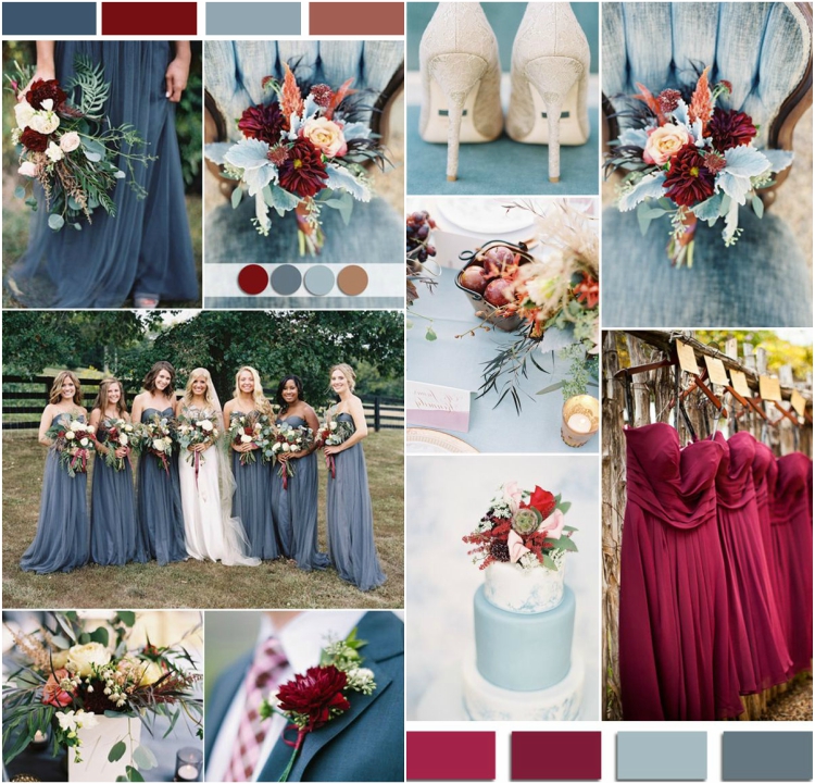 thème mariage en couleurs tendance- bleu-gris et rouge bourgogne