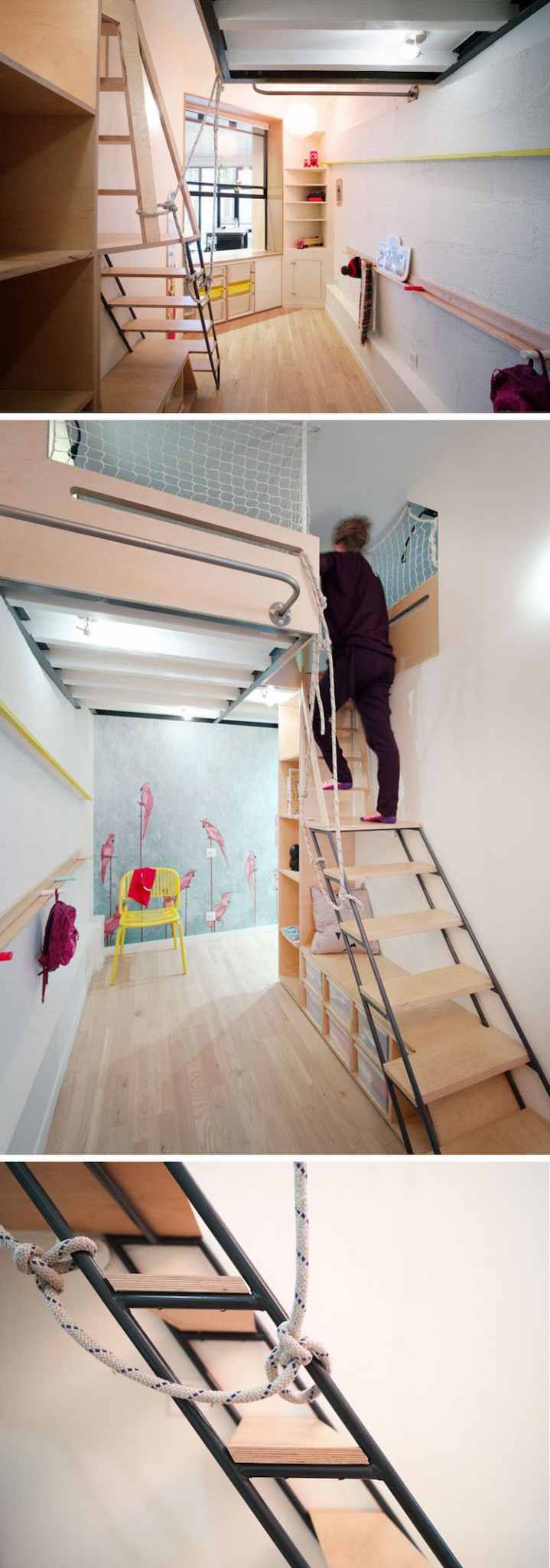 amenagement petit studio chambre enfants mezzanine escalier bois