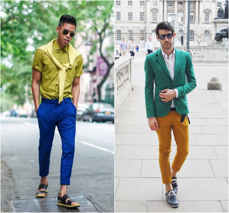 comment marier les couleurs pour s'habiller homme chemisier vert pomme pnatalon bleu cobalt blazer vert pantalon curry