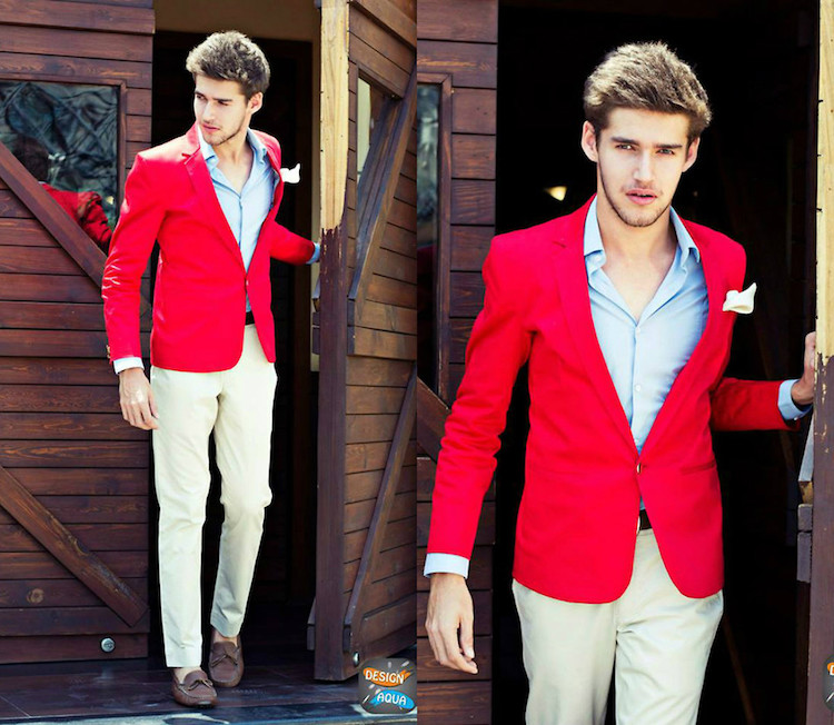 comment marier les couleurs pour s'habiller homme pantalon blanc casse blazer rouge vif