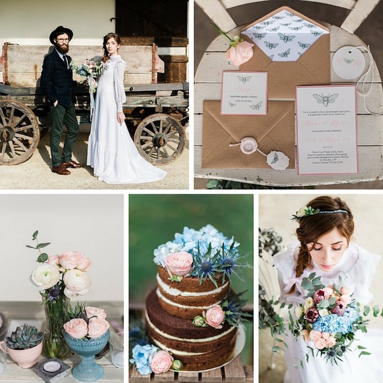 décoration de mariage bohème chic - faire-parts gateau bouquet