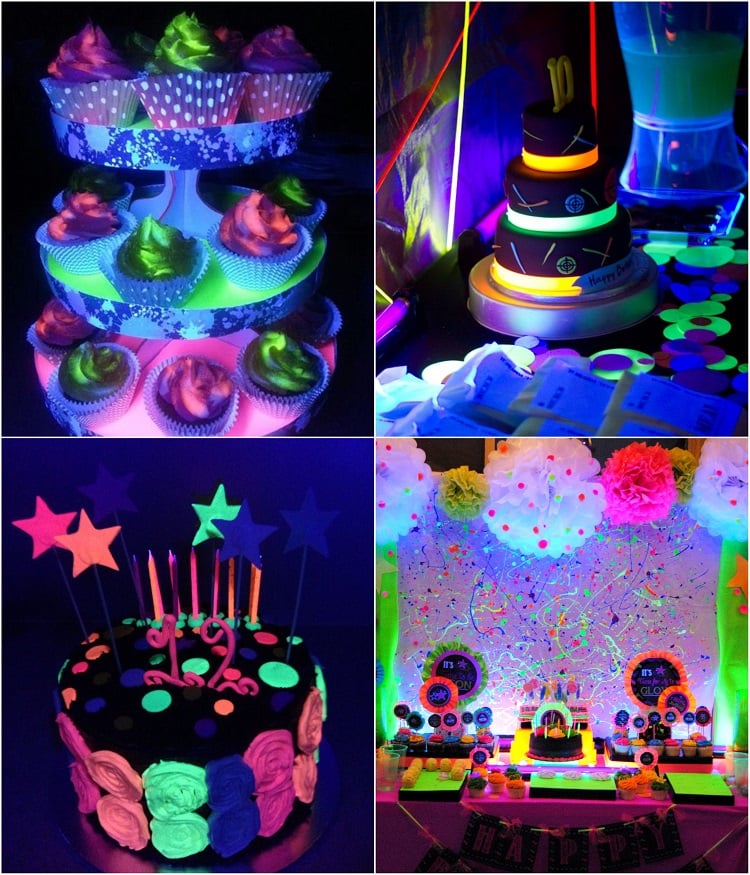 décoration fluo anniversaire gâteau et cupcakes délicieux