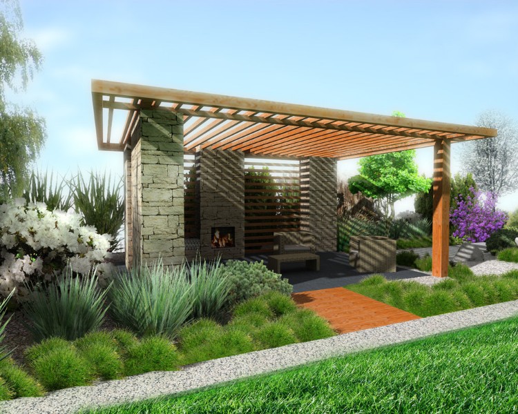 abri de jardin bois pierre apparente design luxe salon extérieur