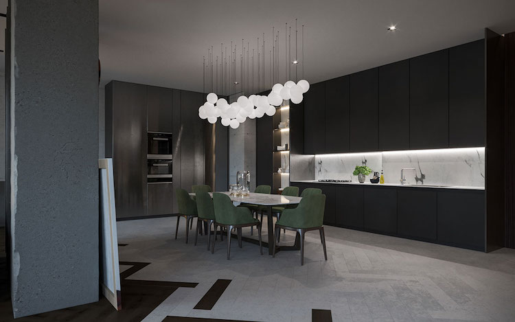 appartement sombre cuisine moderne rangements sans poignees credence marbre blanc eclairage indirect