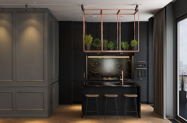 appartement sombre moderne cuisine grise panneaux muraux bois gris petit ilot noir credence marbre noir rangement suspendu cuivre