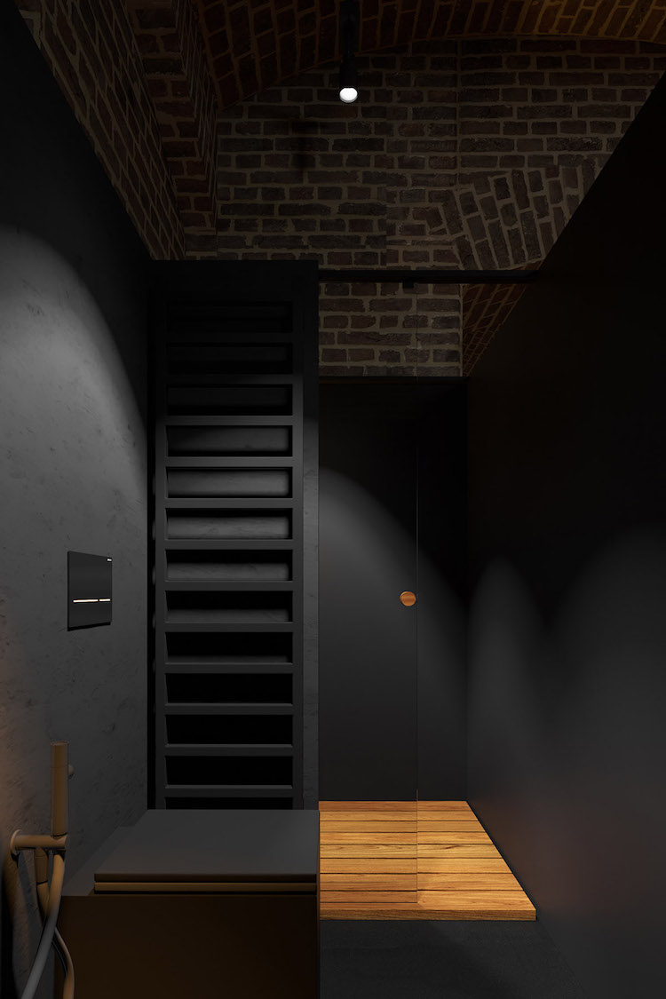 appartement sombre peinture noire plafond brique