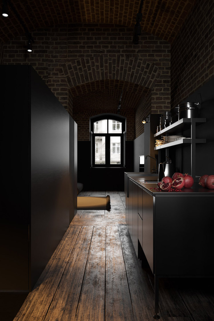 appartement sombre plancher bois massif cuisine industrielle