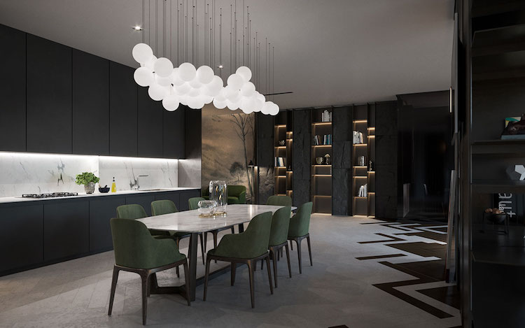 appartement sombre salle manger moderne table marbre blanc chaises vertes luminaire boules cuisine sans poignee noir mat credence marbre blanc