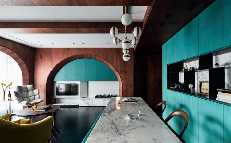 couleur bleu turquoise lambris bois original intérieur contemporain ambiance exotique appartement Taiwan