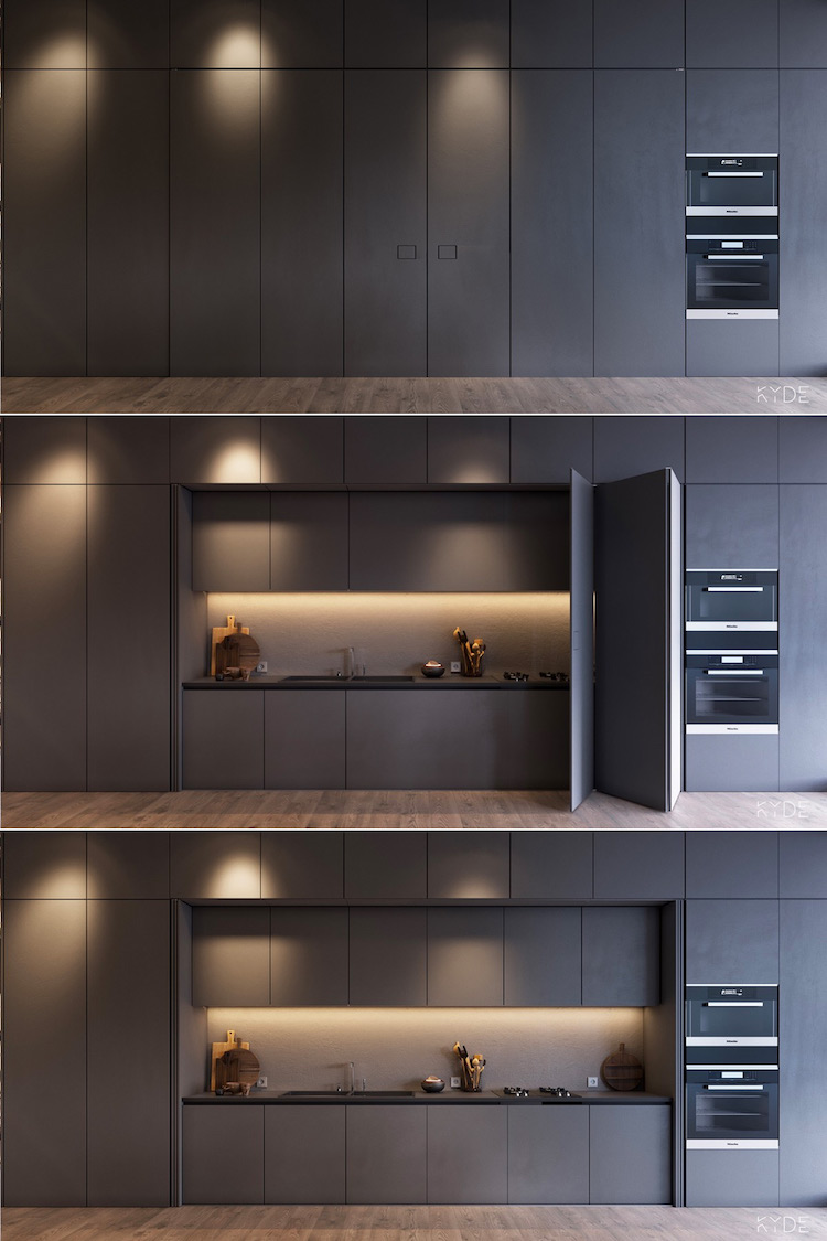 cuisine en I ultra-moderne dérobée derrière porte pliante Kyde Architects