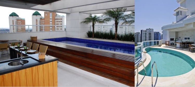 cuisine extérieure d'été aménagée toit terrasse super moderne avec piscine hors sol