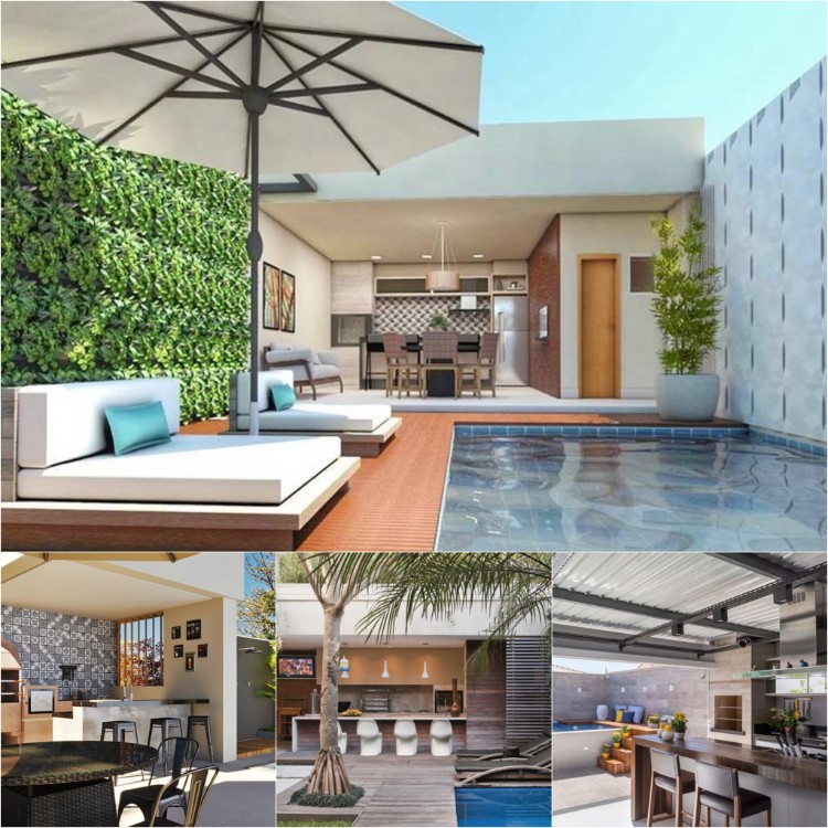 cuisine extérieure d'été avec piscine moderne idée aménagement résidence privée