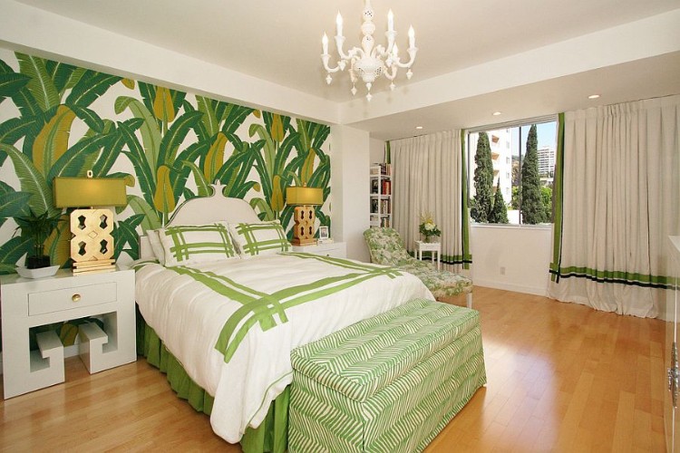 déco tropicale verte chambre à coucher papier peint