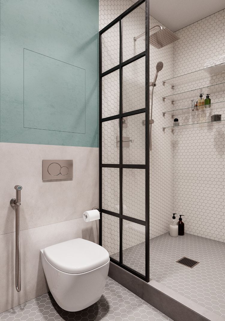 décoration intérieur scandinave salle de bain carrelage hexagonal touche industrielle