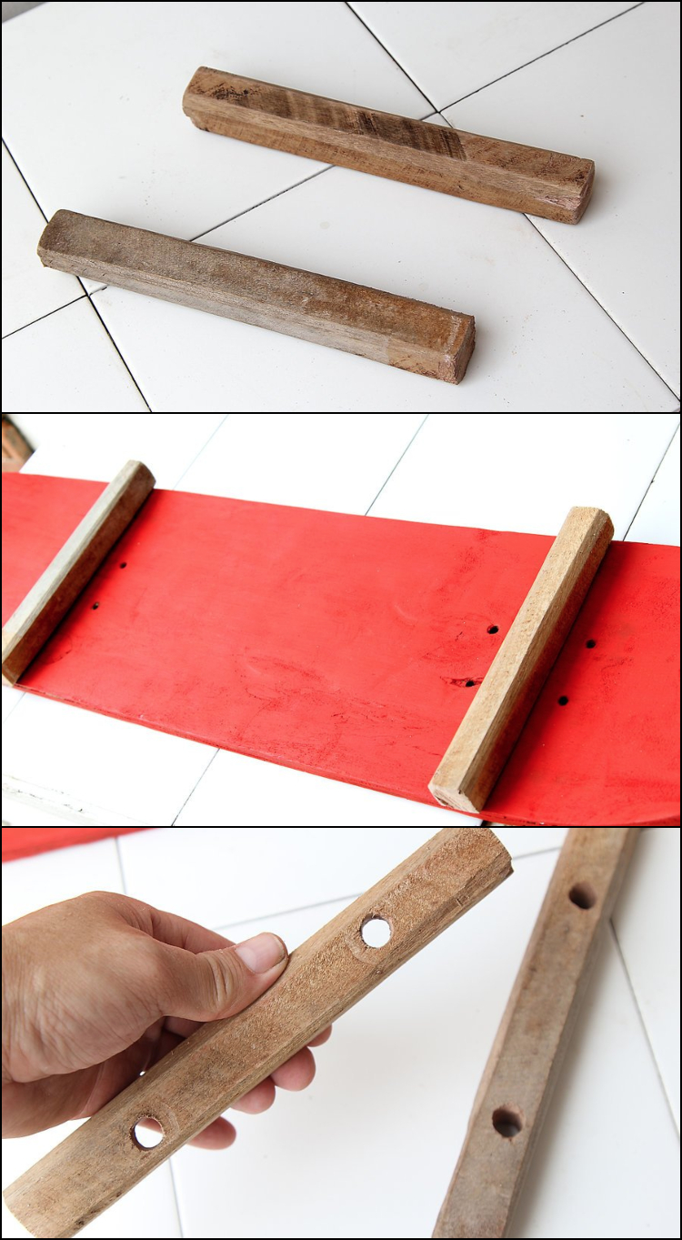 fabriquer une balançoire en planche à roulettes - couper et percer les chevilles en bois