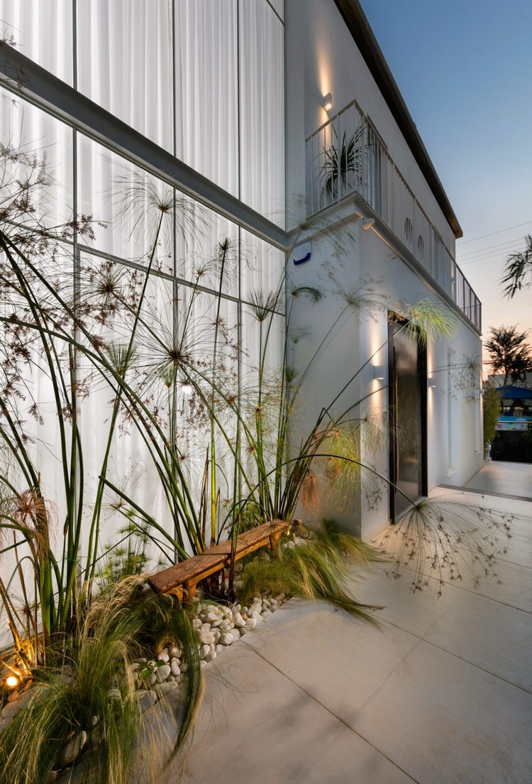 facade vitree moderne dalles beton petit parterre plantes vertes deco galets blancs