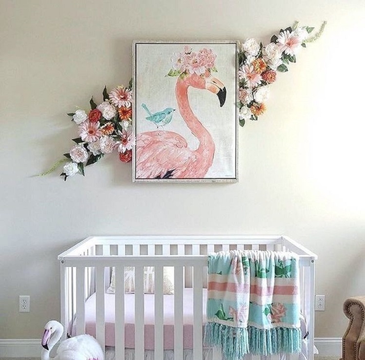 flamant rose déco chambre bébé tableau mural fleurs