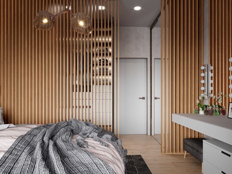 intérieur scandinave chambre à coucher cloison en bois