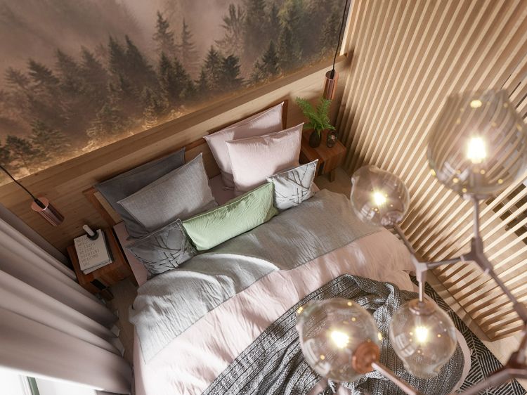 intérieur scandinave chambre à coucher luminaire design cloison en bois