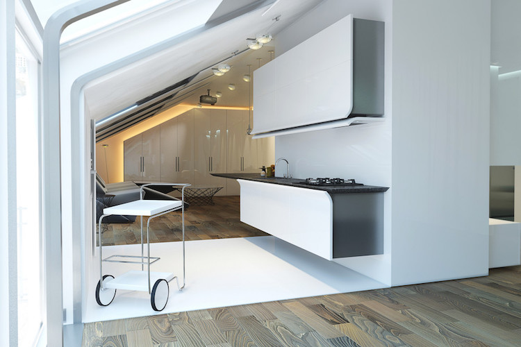kitchenette futuriste armoires hautes et basses flottantes Timothy Vishnjakov
