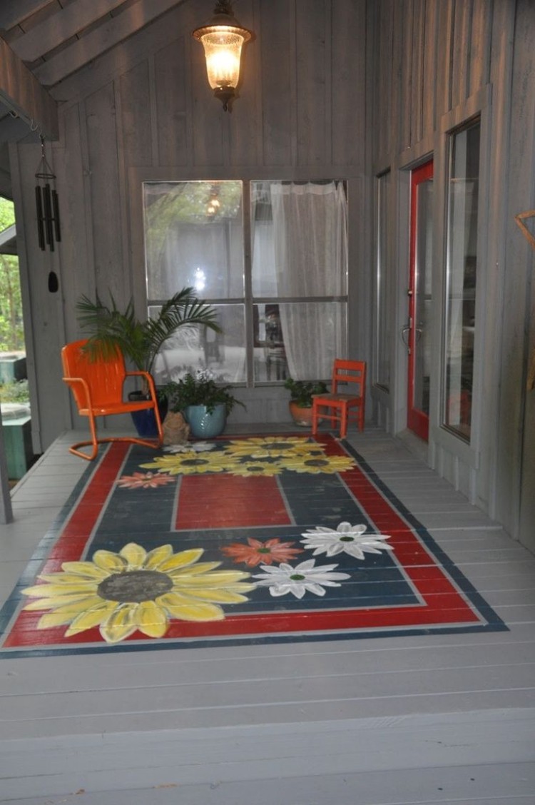 peinture terrasse bois tapis peint idée moderne fleurs