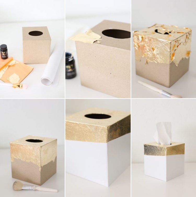 projet DIY boite mouchoirs faire soi meme carton deco feuilles d'or