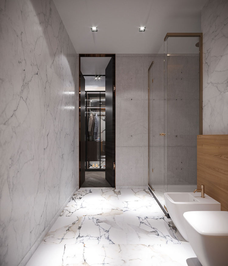 salle de bain marbre blanc cabine douche moderne verre