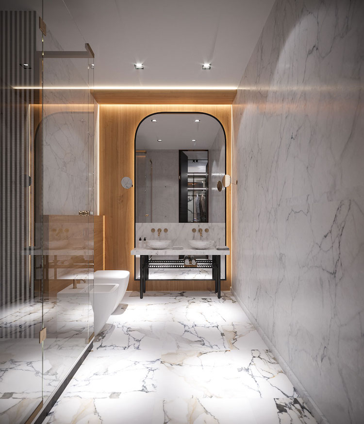 salle de bain marbre blanc paroi douche verre