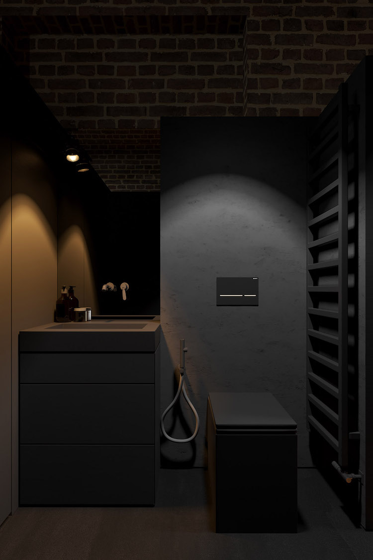 salle de bain sombre douche italienne banquette douche
