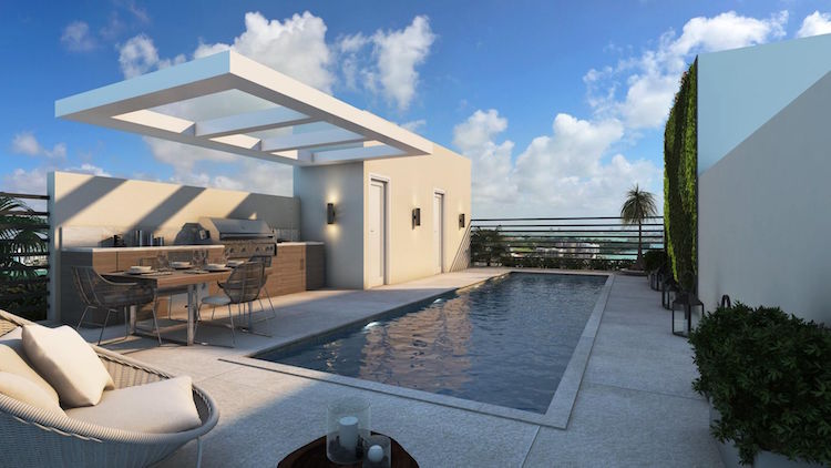 toit terrasse moderne avec cuisine d'été et piscine de nage