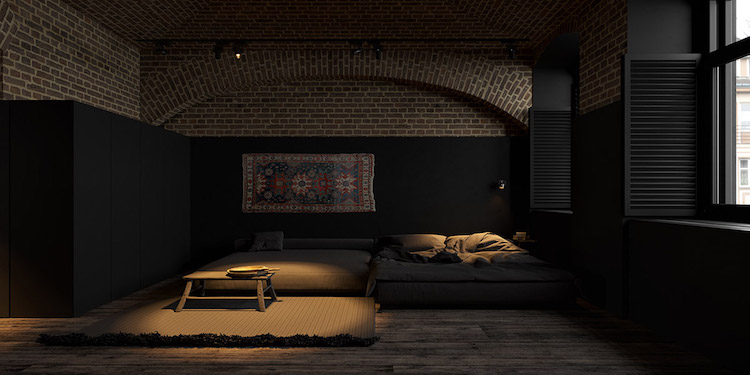 visualisation appartement sombre brique exposee peinture noir mar canape taupe table basse bois