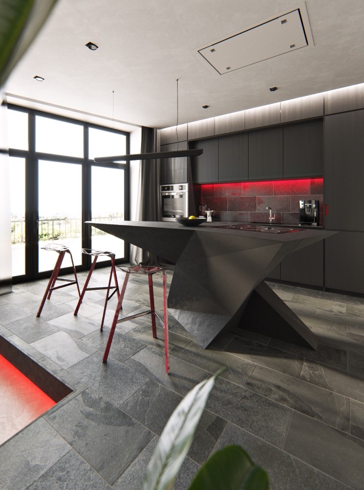 îlot central design noir touches rouges cuisine moderne sur mesure style minimaliste