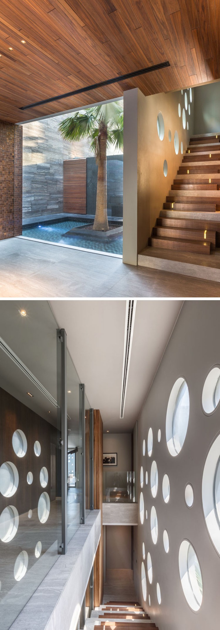 claustra escalier design perforé maison architecte bois béton