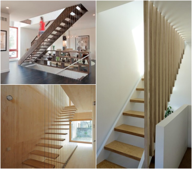 claustra escalier intérieur suspendu droit design en bois clair moderne