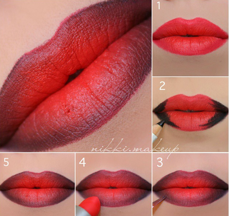 contouring lèvre effet ombré résultat lèvres pulpeuses couleur intense rouge ambré
