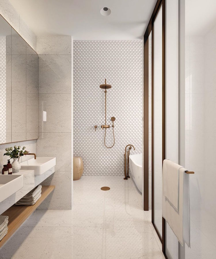 couleurs neutres salle de bains gamme grise carrelage aspect béton