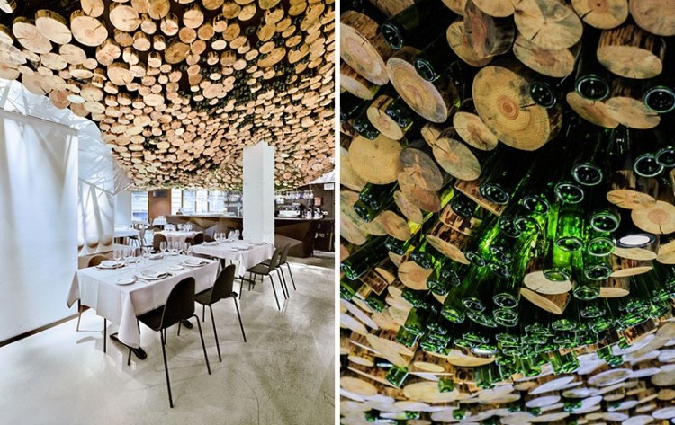 faux plafond design conçu sur mesure bois verre touche industrielle restaurant moderne espagnol