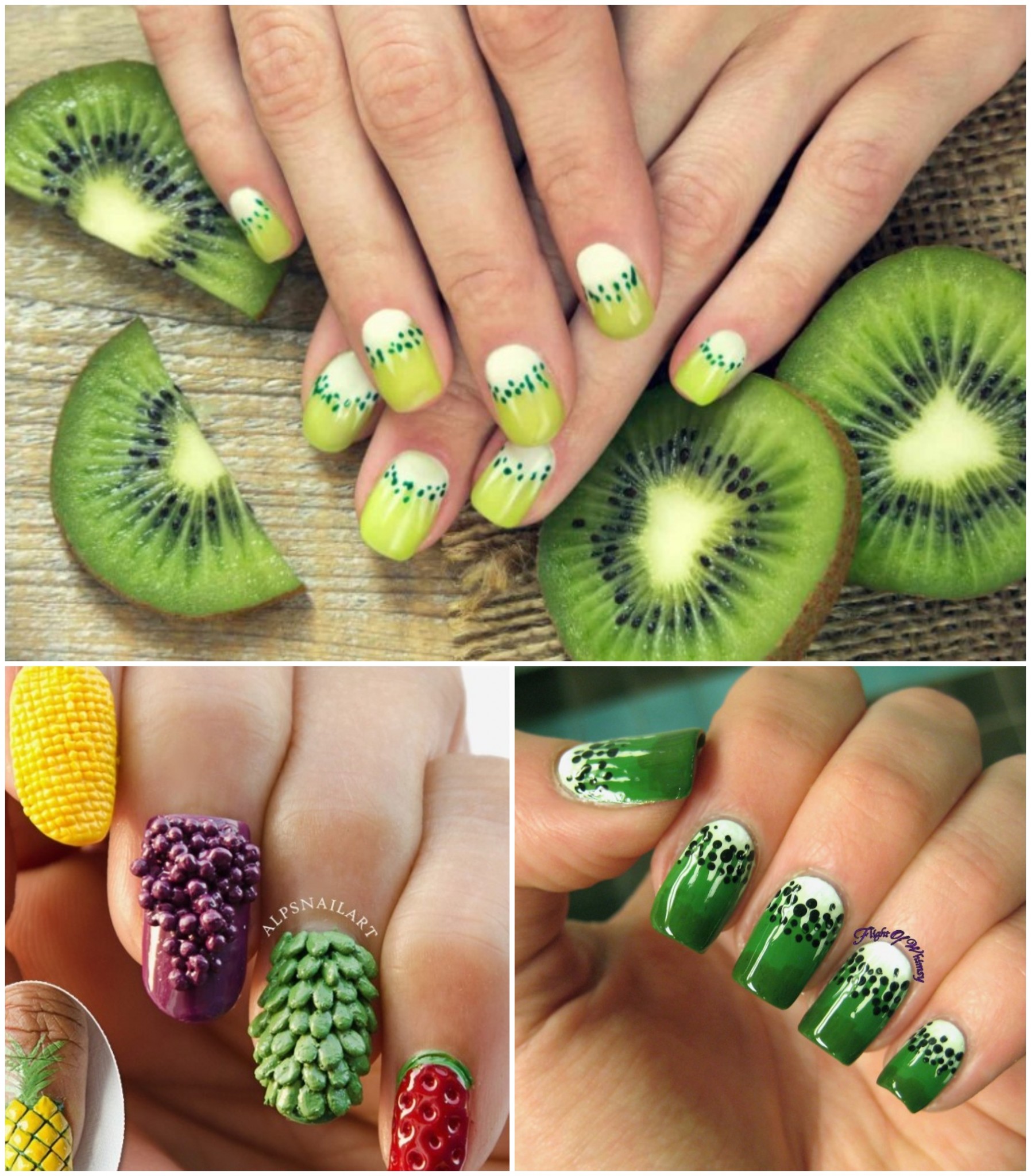 idées nail art motifs fruits exotiques kiwi pastèque déco ongles tendance