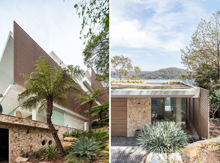 placage pierre de grès maison super design Australie terrasse extérieure immense design intérieur ouvert vue imprenable toit végétalisé