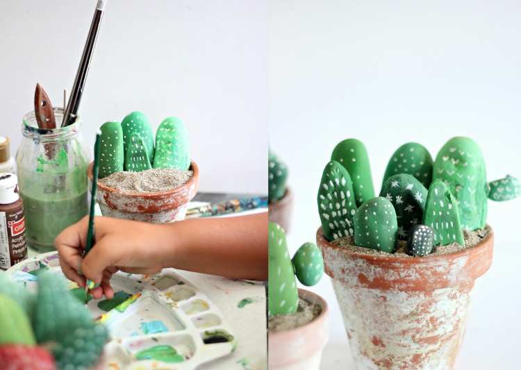 bricolage avec des galets colorés idées déco DIY originale pot rempli pierres décoratives façon cactus