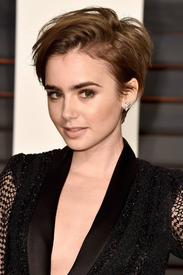 Lily Collins short pixie haircut with zip effect