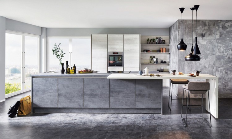 cuisine grise effet béton ciré idée aménagement intérieur moderne