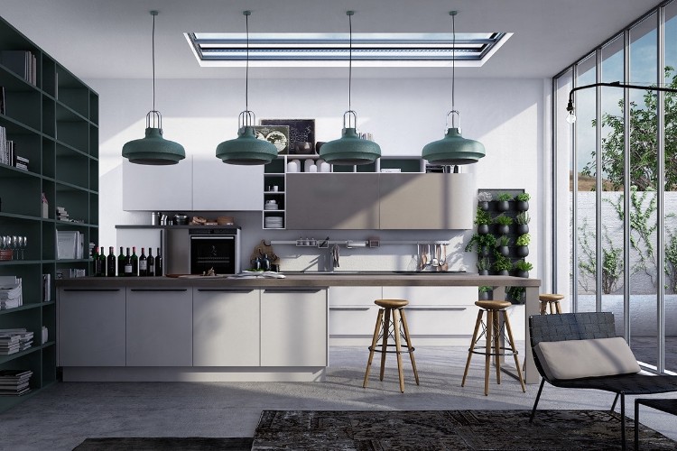 cuisine grise ouverte espace lumineux jardin vertical intérieur salon gris moderne
