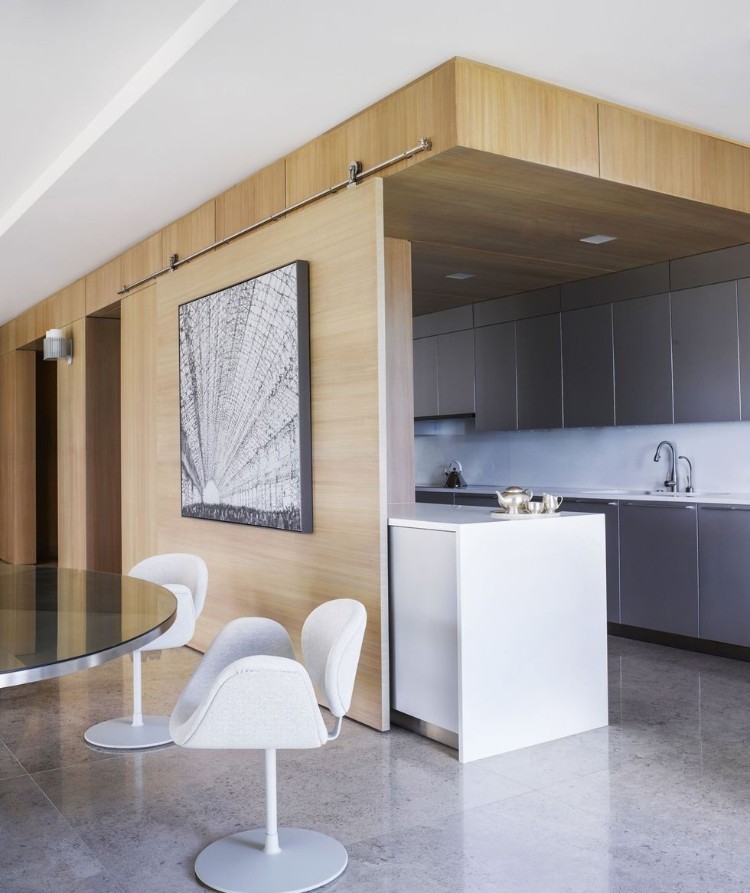 cuisine grise touches blanches design ouvert salon avec coin repas modèle adapté espace limité