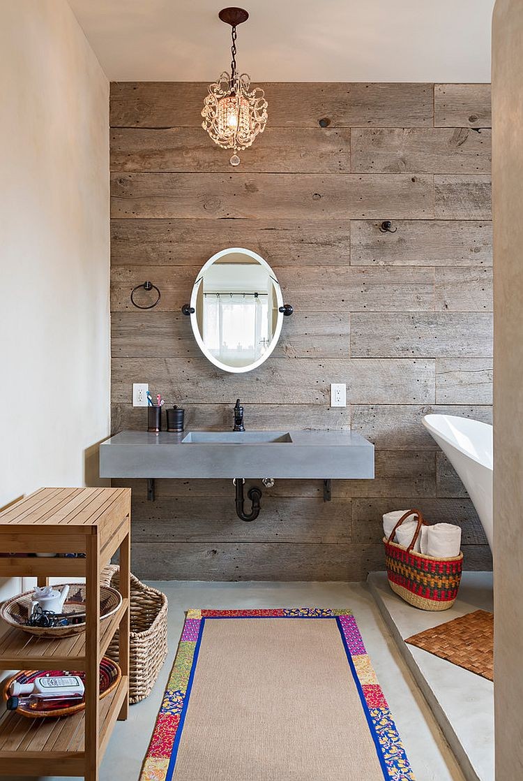déco murale salle de bain bois et pierre matériaux naturels ambiance sombre élégante