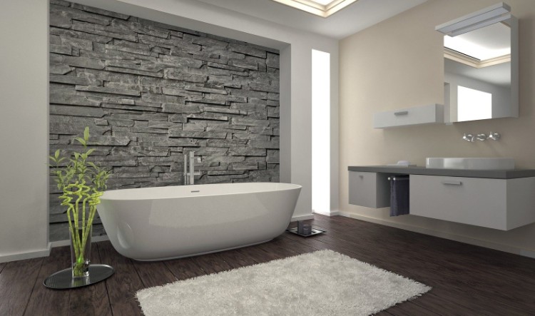 déco murale salle de bain mur accent pierre naturelle sol bois design moderne sombre
