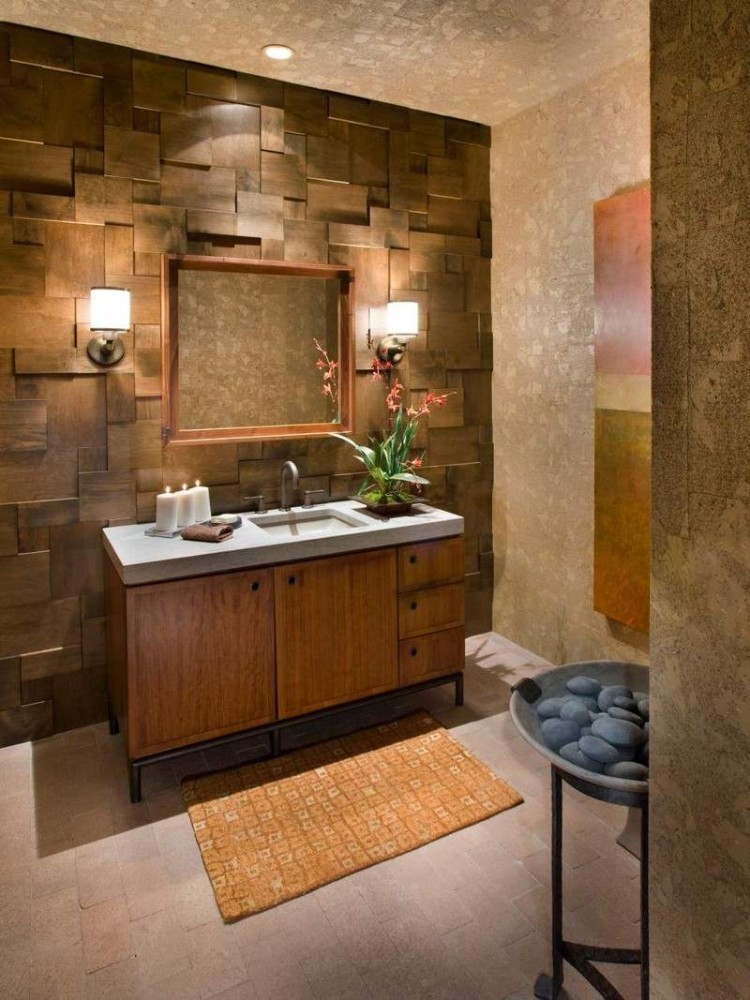 déco murale salle de bain mur accent pierre naturels meubles en bois éclairage indirect