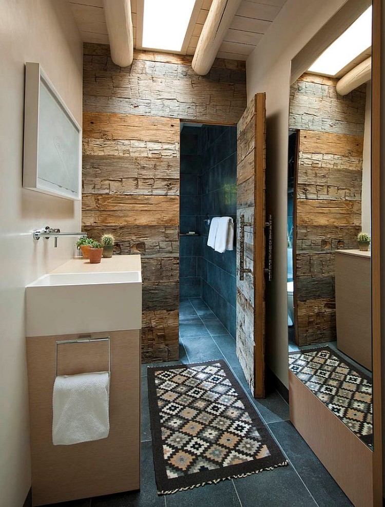 déco murale salle de bain originale en pierre naturelle design personnalisé ambiance sombre touche chaleureuse