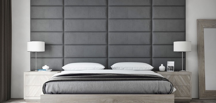 mur capitonné en gris chambre à coucher design moderne